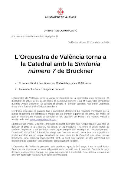 La Orquesta de València vuelve a la Catedral con la Sinfonía número 7 de Bruckner