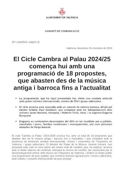 El Ciclo Cambra al Palau 2024/25 comienza con 18 propuestas, desde la música antigua y barroca hasta la actualidad