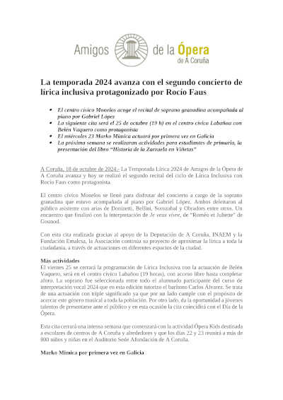 La temporada 2024 avanza con el segundo concierto de lírica inclusiva protagonizado por Rocío Faus