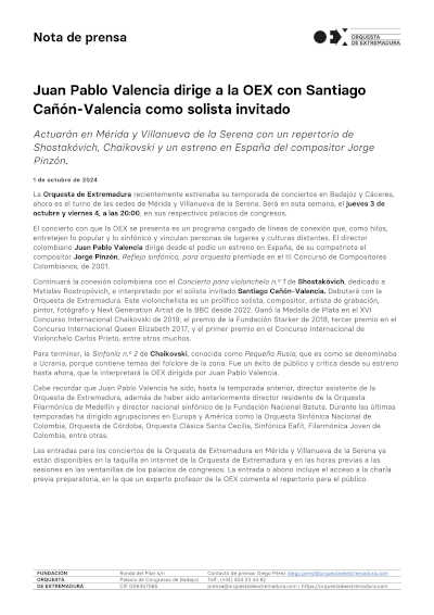 Juan Pablo Valencia dirige a la OEX con Santiago Cañón-Valencia como solista invitado
