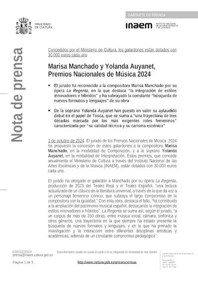 Marisa Manchado y Yolanda Auyanet, Premios Nacionales de Música 2024 Marisa Manchado y Yolanda Auyanet, Premios Nacionales de Música 2024