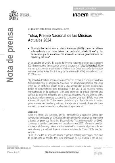 Tulsa, Premio Nacional de las Músicas Actuales 2024