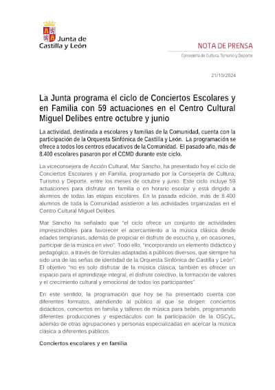 La Junta programa el ciclo de Conciertos Escolares y en Familia con 59 actuaciones en el C. C. Miguel Delibes