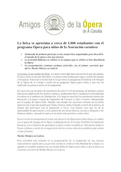 La lírica se aproxima a cerca de 1.000 estudiantes con el programa Ópera para niños de la Asociación coruñesa