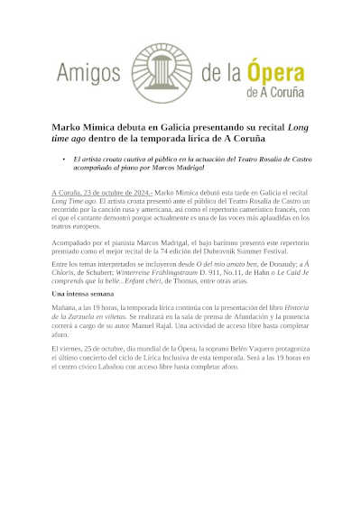 Marko Mimica debuta en Galicia presentando su recital «Long time ago» dentro de la temporada lírica de A Coruña