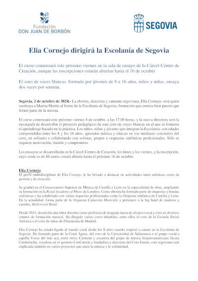 La oboísta, directora y cantante segoviana, Elia Cornejo dirigirá la Escolanía de Segovia