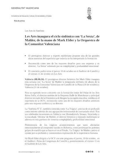Les Arts inaugura el ciclo sinfónico con «La Sexta», de Mahler, con Sir Mark Elder y la Orquestra de la Comunitat Valenciana