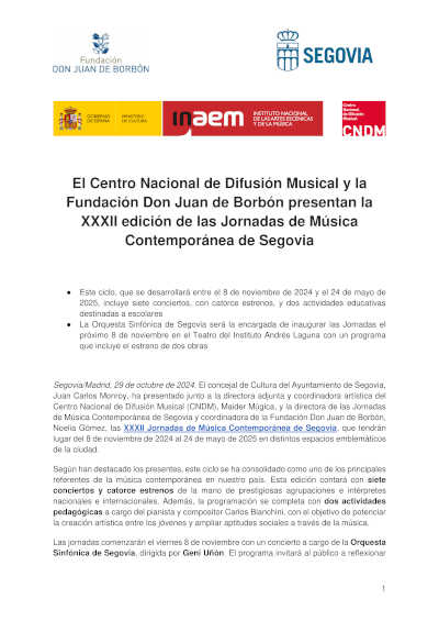 El CNDM y la Fundación Don Juan de Borbón presentan la XXXII edición de las Jornadas de Música Contemporánea de Segovia