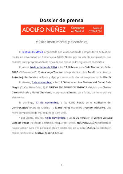 El compositor Adolfo Núñez participará en el Festival COMA’24 en Madrid