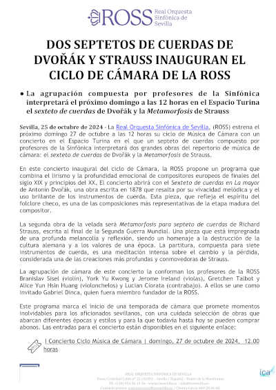 Dos septetos de cuerdas de Dvořák y Strauss inauguran el Ciclo de Cámara de la ROSS