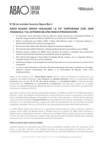 ABAO Bilbao Opera inaugura la 73º temporada con Don Pasquale, y el estreno de una nueva producción ABAO Bilbao Opera inaugura la 73º temporada con Don Pasquale, y el estreno de una nueva producción
