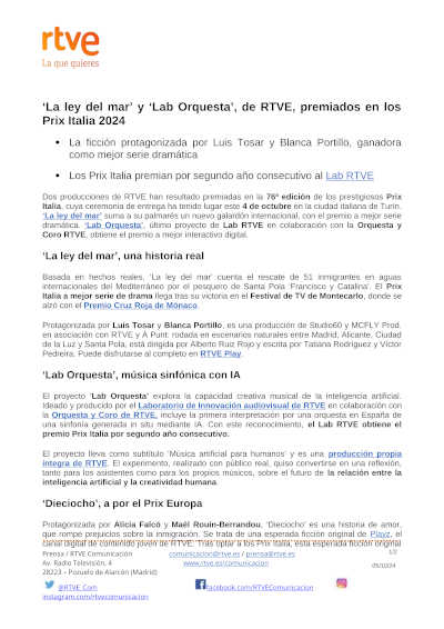 «La ley del mar» y «Lab Orquesta», de RTVE, premiados en los Prix Italia 2024 «La ley del mar» y «Lab Orquesta», de RTVE, premiados en los Prix Italia 2024