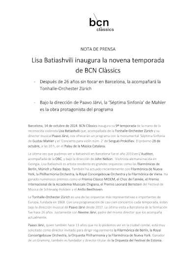 Lisa Batiashvili inaugura la novena temporada de BCN Clàssics con la Tonhalle-Orchester Zürich
