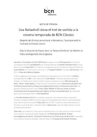 Lisa Batiashvili inaugura la novena temporada de BCN Clàssics con la Tonhalle-Orchester Zürich