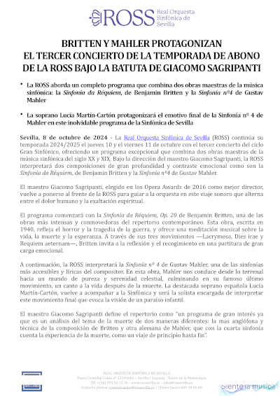 Britten y Mahler protagonizan el tercer concierto de temporada de abono de la ROSS dirigida por Giacomo Sagripanti