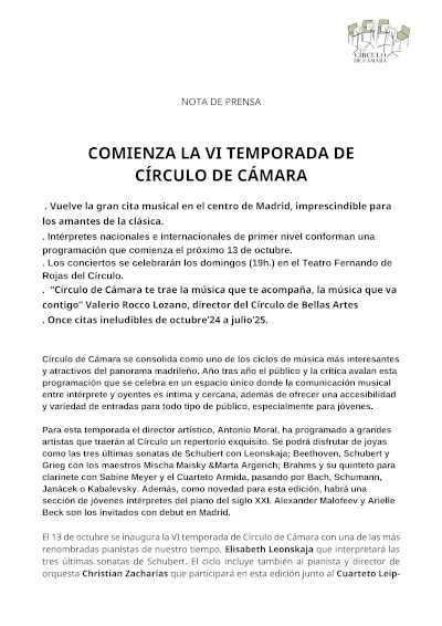 Comienza la VI Temporada de Círculo de Cámara del Círculo de Bellas Artes de Madrid