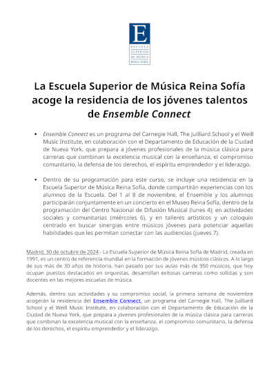 La Escuela Superior de Música Reina Sofía acoge la residencia de los jóvenes talentos de Ensemble Connect