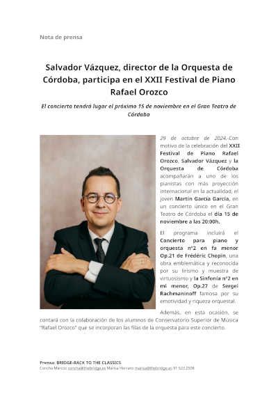 El maestro Salvador Vázquez, director de la Orquesta de Córdoba, participa en el XXIII Festival de Piano Rafael Orozco