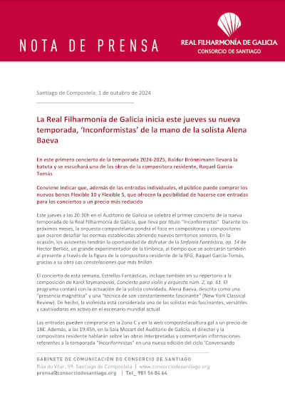 La Real Filharmonía de Galicia inicia este jueves su nueva temporada, «Inconformistas» de la mano de la solista Alena Baeva