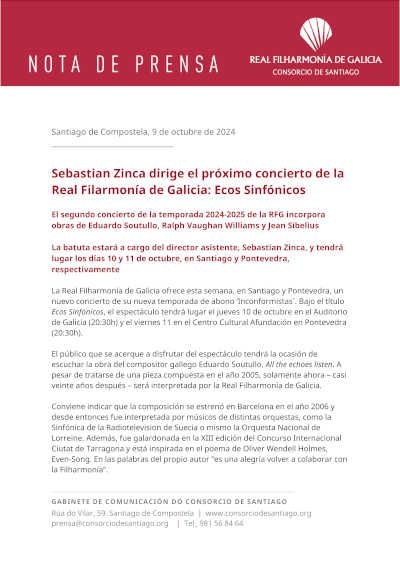 Sebastian Zinca dirige el próximo concierto de la Real Filarmonía de Galicia: Ecos Sinfónicos Sebastian Zinca dirige el próximo concierto de la Real Filarmonía de Galicia: Ecos Sinfónicos