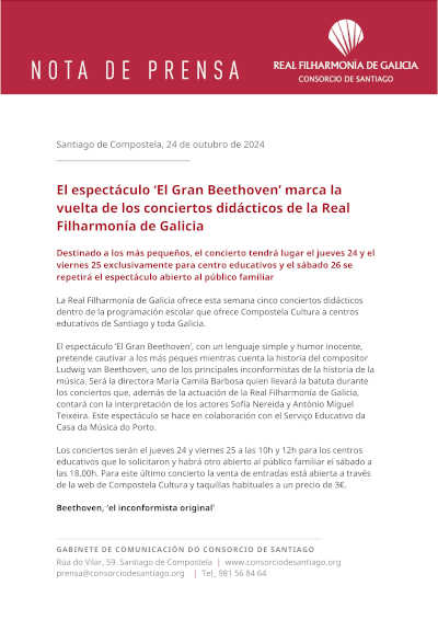El espectáculo «El Gran Beethoven» marca la vuelta de los conciertos didácticos de la Real Filharmonía de Galicia El espectáculo «El Gran Beethoven» marca la vuelta de los conciertos didácticos de la Real Filharmonía de Galicia