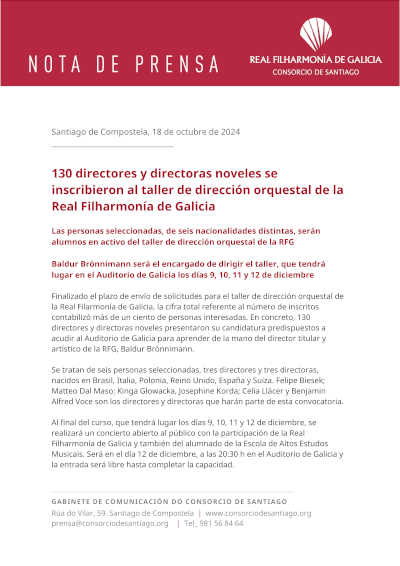 130 directores y directoras noveles se inscribieron al taller de dirección orquestal de la Real Filharmonía de Galicia
