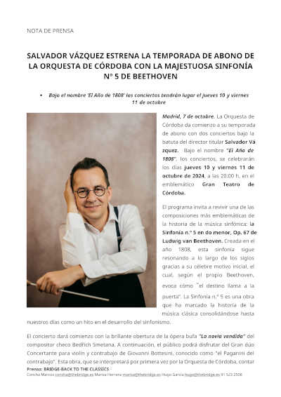 Salvador Vázquez estrena la temporada de abono de la Orquesta de Códoba con la Sinfonía nº 5 de Beethoven