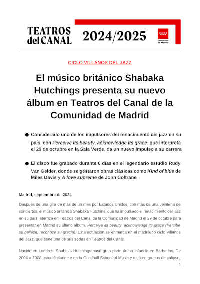 El músico británico Shabaka Hutchings presenta su nuevo álbum en Teatros del Canal de la Comunidad de Madrid