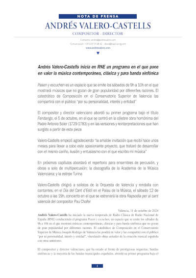 Andrés Valero-Castells inicia en RNE un programa en el que pone en valor la música contemporánea, clásica y para banda sinfónica