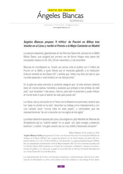 Ángeles Blancas prepara «Il trittico» de Puccini en Bilbao tras triunfar en el Liceu y recibir el Premio a la Mejor Cantante en Madrid