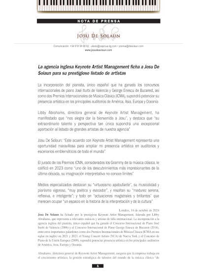 La agencia inglesa Keynote Artist Management ficha a Josu De Solaun para su prestigioso listado de artistas La agencia inglesa Keynote Artist Management ficha a Josu De Solaun para su prestigioso listado de artistas