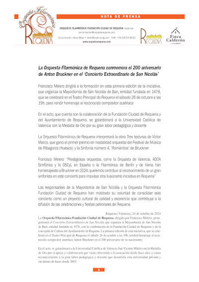 Orquesta Filarmónica de Requena conmemora el 200 aniversario de Anton Bruckner en el «Concierto Extraordinario de San Nicolás»