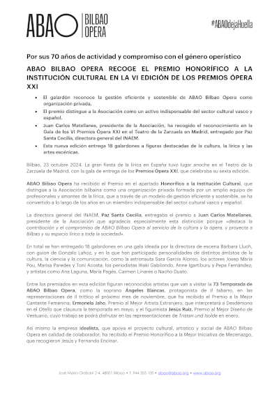 ABAO Bilbao Opera recoge el Premio Honorífico a la Institución Cultural en la VI edición Premos Ópera XXI