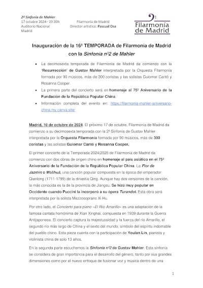 Filarmonía de Madrid inaugura su 16º temporada en la Sinfonía nº2 de Mahler