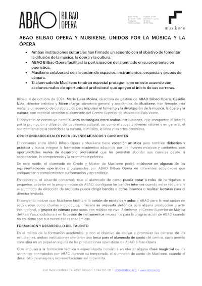 ABAO Bilbao Opera y Musikene, unidos por la música y la ópera
