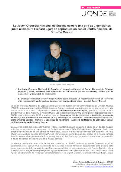 La Joven Orquesta Nacional de España celebra una gira de 3 conciertos junto al maestro Richard Egarr