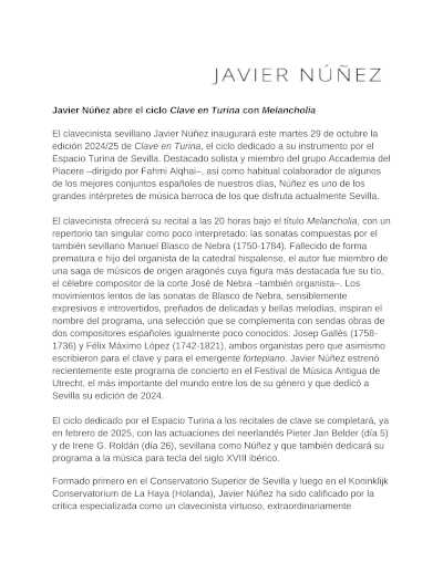 Javier Núñez, clavecinista sevillano, abre el ciclo Clave en Turina con Melancholia
