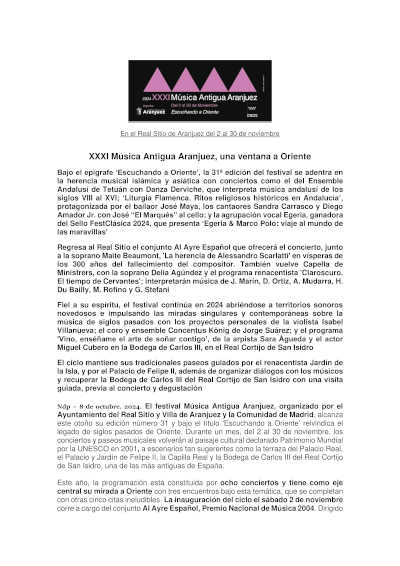 Presentada la XXXI edición del Festival Música Antigua Aranjuez