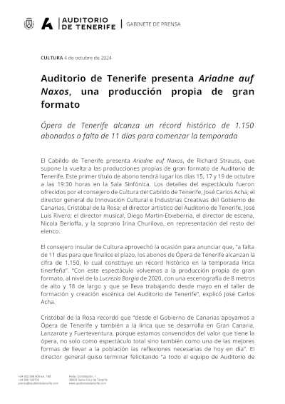 Auditorio de Tenerife presenta Ariadne auf Naxos, una producción propia de gran formato