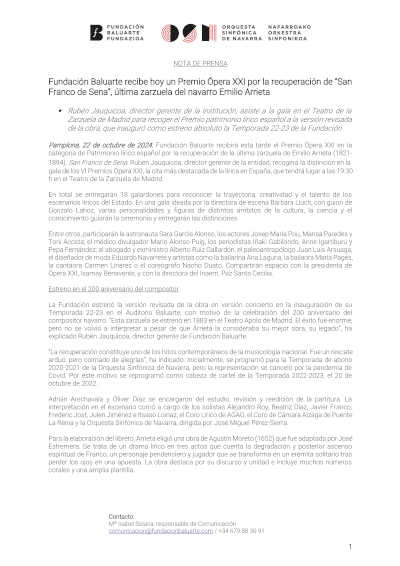 Fundación Baluarte recibe hoy un Premio Ópera XXI por la recuperación de “San Franco de Sena”