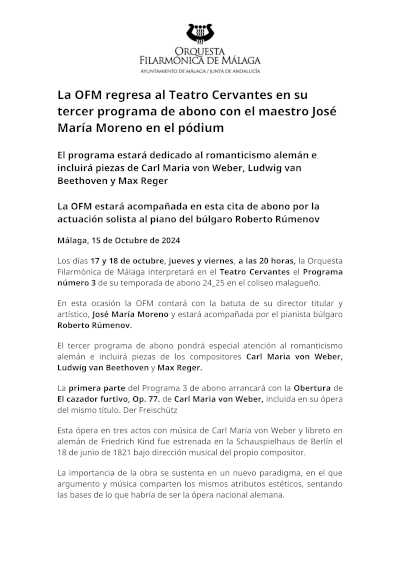 La OFM regresa al Teatro Cervantes en su tercer programa de abono con el maestro José María Moreno en el pódium La OFM regresa al Teatro Cervantes en su tercer programa de abono con el maestro José María Moreno en el pódium