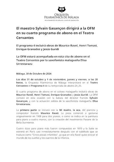 El maestro Sylvain Gasançon dirigirá a la OFM en su cuarto programa de abono en el Teatro Cervantes El maestro Sylvain Gasançon dirigirá a la OFM en su cuarto programa de abono en el Teatro Cervantes