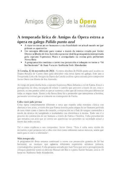 La temporada lírica de Amigos de la Ópera estrena la ópera en gallego Pálido punto azul La temporada lírica de Amigos de la Ópera estrena la ópera en gallego Pálido punto azul