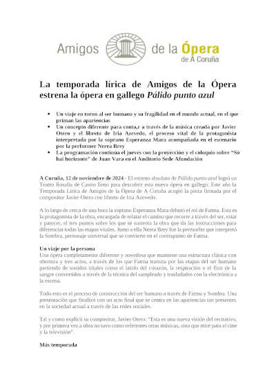 La temporada lírica de Amigos de la Ópera estrena la ópera en gallego Pálido punto azul La temporada lírica de Amigos de la Ópera estrena la ópera en gallego Pálido punto azul