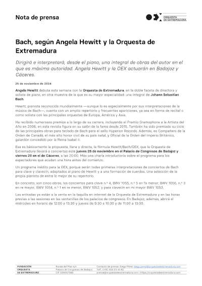 Bach, según Angela Hewitt y la Orquesta de Extremadura