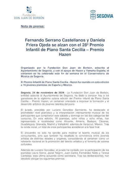 Fernando Serrano Castellanos y Daniela Friera Ojeda se alzan con el 28º Premio Infantil de Piano Santa Cecilia – Premio Hazen