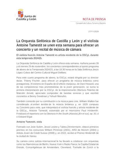 Conciertos de la Orquesta Sinfónica de Castilla y León con música británica y la presencia del talentoso violista Antoine Tamestit.