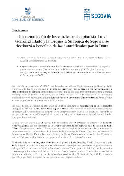 La recaudación de los conciertos de Luis González Lladó y la Sinfónica de Segovia, se destinará a los damnificados por la Dana