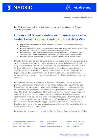 Grandes del Góspel celebra su 30 aniversario en el teatro Fernán Gómez. Centro Cultural de la Villa