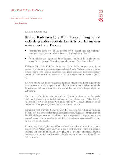 Sondra Radvanovsky y Piotr Beczała inauguran el ciclo de grandes voces de Les Arts con las mejores arias y duetos de Puccini